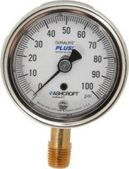 Ashcroft - 2-1/2" Dial, 1/4 Thread, 0-100 Scale Range, Pressure Gauge - Lower Connection Mount, Accurate to 1% of Scale - Apex Tool & Supply