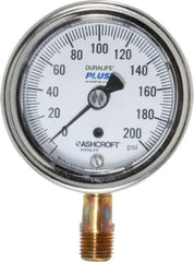 Ashcroft - 2-1/2" Dial, 1/4 Thread, 0-200 Scale Range, Pressure Gauge - Lower Connection Mount, Accurate to 1% of Scale - Apex Tool & Supply