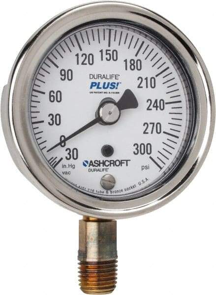 Ashcroft - 2-1/2" Dial, 1/4 Thread, 30-0-300 Scale Range, Pressure Gauge - Lower Connection Mount, Accurate to 1% of Scale - Apex Tool & Supply