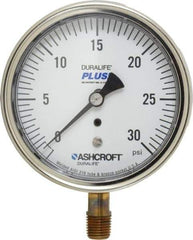 Ashcroft - 3-1/2" Dial, 1/4 Thread, 0-30 Scale Range, Pressure Gauge - Lower Connection Mount, Accurate to 1% of Scale - Apex Tool & Supply