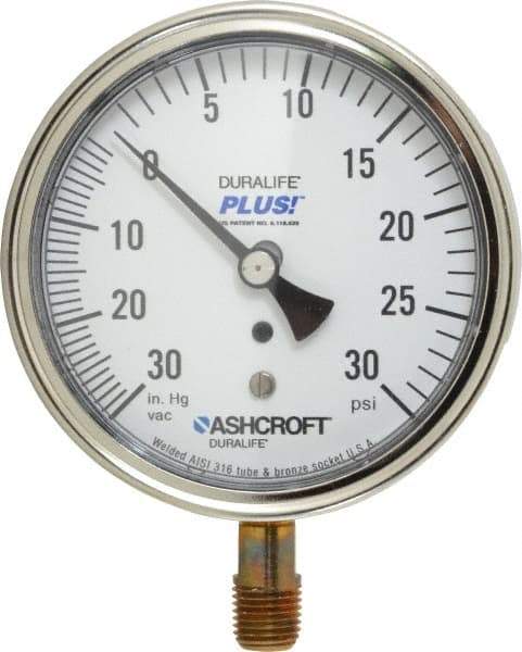 Ashcroft - 3-1/2" Dial, 1/4 Thread, 30-0-30 Scale Range, Pressure Gauge - Lower Connection Mount, Accurate to 1% of Scale - Apex Tool & Supply