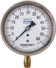 Ashcroft - 3-1/2" Dial, 1/4 Thread, 0-60 Scale Range, Pressure Gauge - Lower Connection Mount, Accurate to 1% of Scale - Apex Tool & Supply