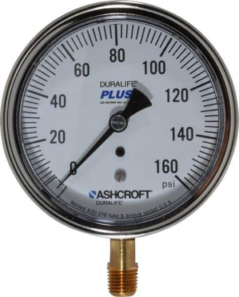 Ashcroft - 3-1/2" Dial, 1/4 Thread, 0-160 Scale Range, Pressure Gauge - Lower Connection Mount, Accurate to 1% of Scale - Apex Tool & Supply