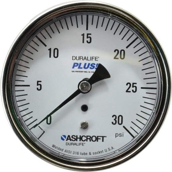 Ashcroft - 3-1/2" Dial, 1/4 Thread, 0-30 Scale Range, Pressure Gauge - Center Back Connection Mount, Accurate to 1% of Scale - Apex Tool & Supply