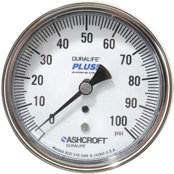 Ashcroft - 3-1/2" Dial, 1/4 Thread, 0-100 Scale Range, Pressure Gauge - Center Back Connection Mount, Accurate to 1% of Scale - Apex Tool & Supply