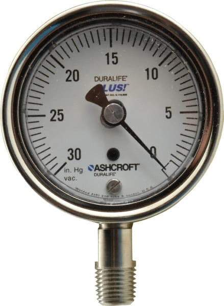 Ashcroft - 2-1/2" Dial, 1/4 Thread, 30-0 Scale Range, Pressure Gauge - Lower Connection Mount, Accurate to 1% of Scale - Apex Tool & Supply