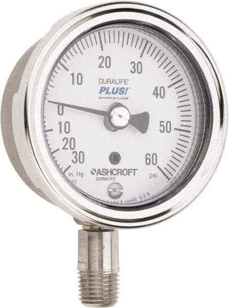 Ashcroft - 2-1/2" Dial, 1/4 Thread, 30-0-60 Scale Range, Pressure Gauge - Lower Connection Mount, Accurate to 1% of Scale - Apex Tool & Supply