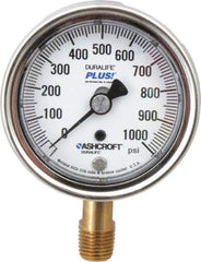 Ashcroft - 2-1/2" Dial, 1/4 Thread, 0-1,000 Scale Range, Pressure Gauge - Lower Connection Mount, Accurate to 1% of Scale - Apex Tool & Supply