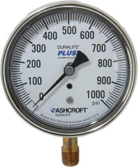 Ashcroft - 3-1/2" Dial, 1/4 Thread, 0-1,000 Scale Range, Pressure Gauge - Lower Connection Mount, Accurate to 1% of Scale - Apex Tool & Supply