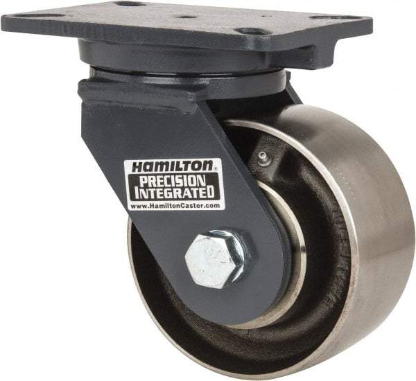 Hamilton - 6" Diam x 3" Wide x 8" OAH Top Plate Mount Swivel Caster - Forged Steel, 3,500 Lb Capacity, Roller Bearing, 5-1/4 x 7-1/4" Plate - Apex Tool & Supply