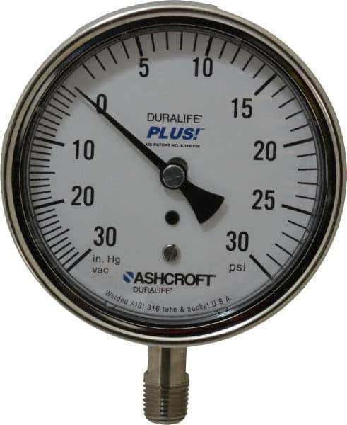 Ashcroft - 3-1/2" Dial, 1/4 Thread, 30-0-30 Scale Range, Pressure Gauge - Lower Connection Mount, Accurate to 1% of Scale - Apex Tool & Supply
