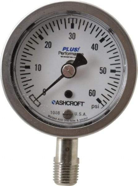 Ashcroft - 2-1/2" Dial, 1/4 Thread, 0-60 Scale Range, Pressure Gauge - Lower Connection Mount, Accurate to 3-2-3% of Scale - Apex Tool & Supply