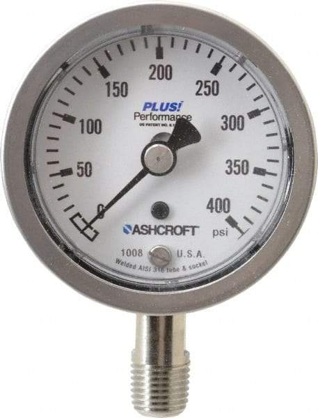 Ashcroft - 2-1/2" Dial, 1/4 Thread, 0-400 Scale Range, Pressure Gauge - Lower Connection Mount, Accurate to 3-2-3% of Scale - Apex Tool & Supply