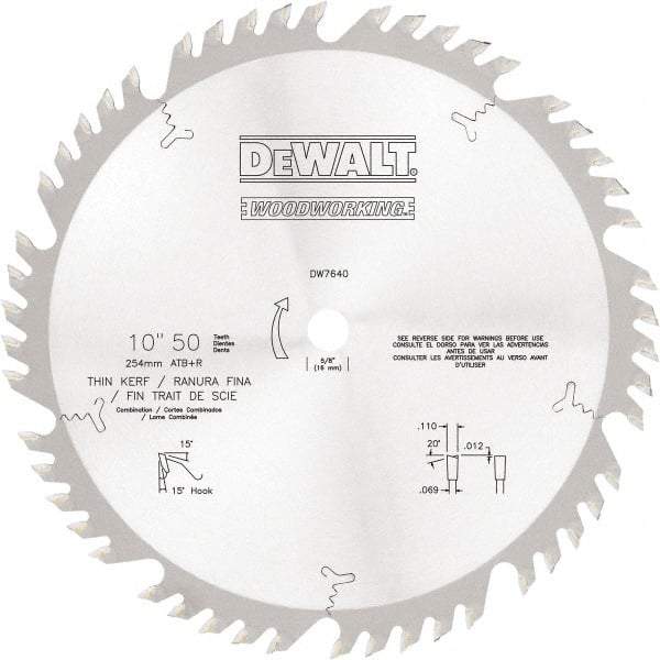 DeWALT - 10" Diam, 5/8" Arbor Hole Diam, 50 Tooth Wet & Dry Cut Saw Blade - Tungsten Carbide-Tipped, Standard Round Arbor - Apex Tool & Supply