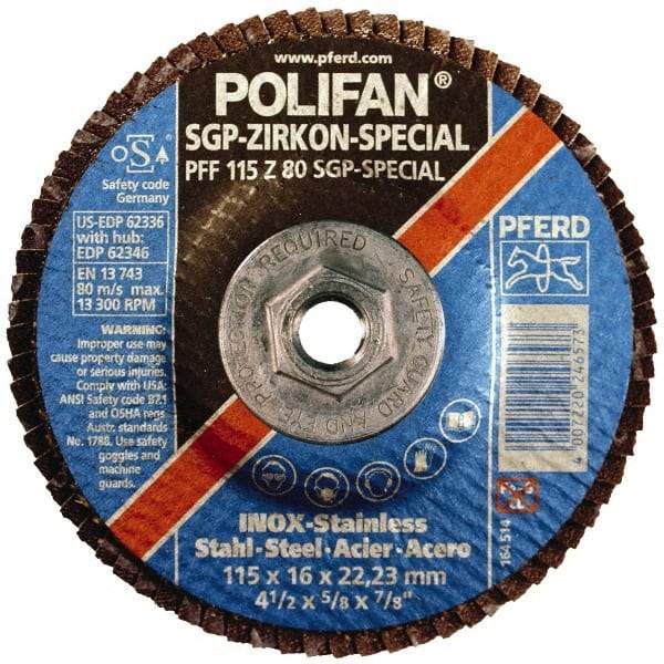 PFERD - 40 Grit, 7" Disc Diam, 5/8-11 Center Hole, Type 29 Zirconia Alumina Flap Disc - 8,600 Max RPM, Fiberglass Backing, Arbor Attaching System, Coated - Apex Tool & Supply