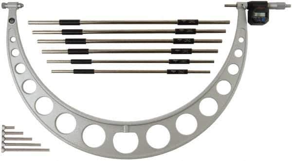 Mitutoyo - 6 Anvil, Electronic, 18 to 24 Inch Range, Carbide Face Interchangeable Anvil Micrometer - Ratchet Stop Thimble, 0.0001 Inch Resolution, 0.000160 0.00016 + 0.00004 (L/3) Inch Accuracy, SR44 Battey, Includes 6 Anvils and Fitted Wooden Case - Apex Tool & Supply