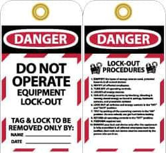 NMC - 3" High x 6" Long, DANGER - DO NOT OPERATE - EQUIPMENT LOCK-OUT - TAG & LOCK TO BE REMOVED ONLY BY:, English Safety & Facility Lockout Tag - Tag Header: Danger, 2 Sides, Black, Red & White Unrippable Vinyl - Apex Tool & Supply