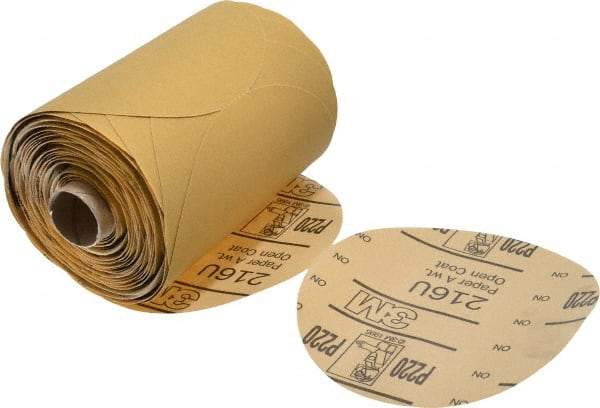 3M - 5" Diam, 220 Grit Aluminum Oxide Adhesive PSA Disc - Very Fine Grade, Gold, A Weighted Backing, Flexible, Use with Random Orbital Sanders - Apex Tool & Supply