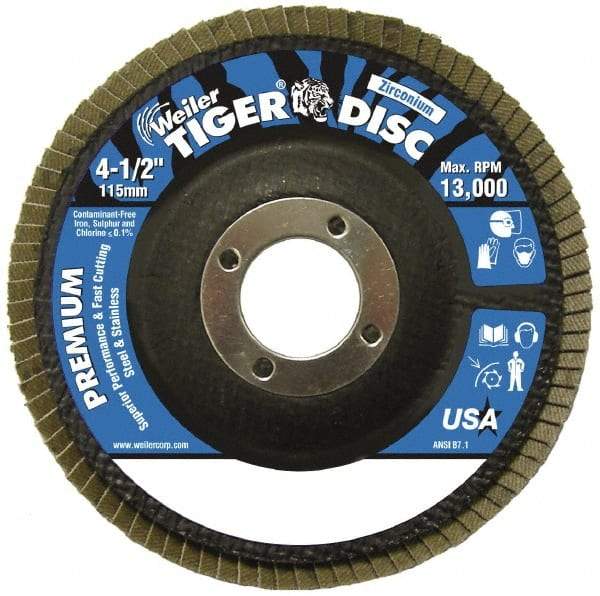 Weiler - 120 Grit, 4-1/2" Disc Diam, 7/8" Center Hole, Type 29 Zirconia Alumina Flap Disc - 13,000 Max RPM, Phenolic Backing, Arbor Attaching System, Coated - Apex Tool & Supply