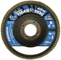 Weiler - 120 Grit, 4-1/2" Disc Diam, 7/8" Center Hole, Type 29 Zirconia Alumina Flap Disc - 13,000 Max RPM, Phenolic Backing, Arbor Attaching System, Coated - Apex Tool & Supply