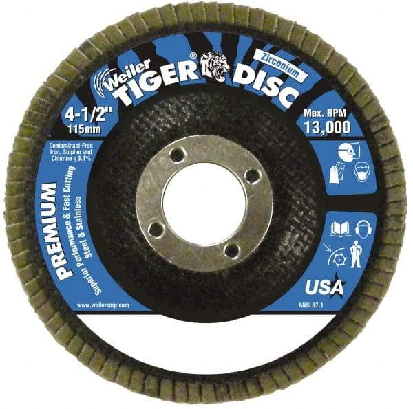 Weiler - 120 Grit, 4-1/2" Disc Diam, 7/8" Center Hole, Type 27 Zirconia Alumina Flap Disc - 13,000 Max RPM, Phenolic Backing, Arbor Attaching System, Coated - Apex Tool & Supply