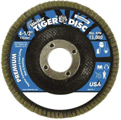 Weiler - 120 Grit, 4-1/2" Disc Diam, 7/8" Center Hole, Type 27 Zirconia Alumina Flap Disc - 13,000 Max RPM, Phenolic Backing, Arbor Attaching System, Coated - Apex Tool & Supply