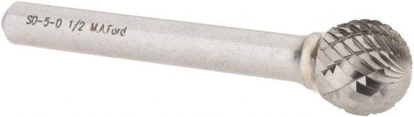 M.A. Ford - 1/2" Cut Diam, 1/4" Shank Diam, Ball Head Double Cut Burr - Carbide, Radius End, 7/16" LOC, 2-7/16" OAL - Apex Tool & Supply