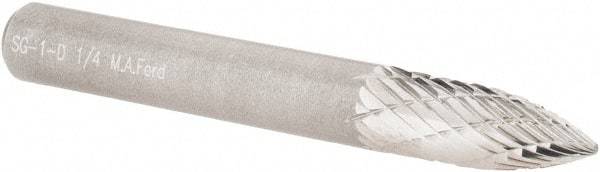 M.A. Ford - 1/4" Cut Diam, 1/4" Shank Diam, Tree Head Double Cut Burr - Carbide, Point End, 5/8" LOC, 2" OAL - Apex Tool & Supply