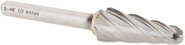M.A. Ford - 1/2" Cut Diam, 1/4" Shank Diam, Taper Head Single Cut Burr - Carbide, Radius End, 1-3/16" LOC, 3-1/4" OAL - Apex Tool & Supply