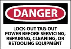 NMC - Accident Prevention Label, Header: DANGER - Legend: Danger - Lock Out, Tag-out Power Before Servicing, Repairing, Cleaning, or Retooling Equipment, English, Red, Black & White, 5" Long x 3" High, Sign Muscle Finish - Apex Tool & Supply