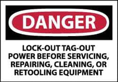 NMC - Accident Prevention Label, Header: DANGER - Legend: Danger - Lock Out, Tag-out Power Before Servicing, Repairing, Cleaning, or Retooling Equipment, English, Red, Black & White, 5" Long x 3" High, Sign Muscle Finish - Apex Tool & Supply