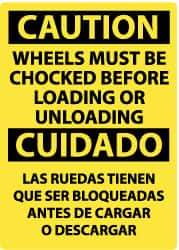 NMC - "Caution - Wheels Must Be Chocked Before Loading or Unloading", 14" Long x 10" Wide, Pressure-Sensitive Vinyl Safety Sign - Rectangle, 0.004" Thick, Use for Accident Prevention - Apex Tool & Supply