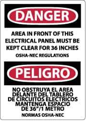 NMC - "Danger - Area in Front of This Electrical Panel Must Be Kept Clear for 36 Inches OSHA-NEC Regulations", 20" Long x 14" Wide, Rigid Plastic Safety Sign - Rectangle, 0.05" Thick, Use for Accident Prevention - Apex Tool & Supply