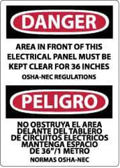 NMC - "Danger - Area in Front of This Electrical Panel Must Be Kept Clear for 36 Inches OSHA-NEC Regulations", 14" Long x 10" Wide, Pressure-Sensitive Vinyl Safety Sign - Rectangle, 0.004" Thick, Use for Accident Prevention - Apex Tool & Supply
