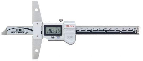 Mitutoyo - 0" to 6" Stainless Steel Electronic Depth Gage - 0.02mm Accuracy, 0.01mm Resolution, 100mm Base Length - Apex Tool & Supply