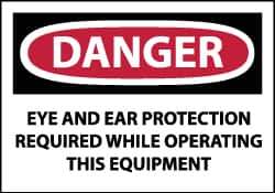 NMC - Accident Prevention Label, Header: DANGER - Legend: Danger - Eye and Ear Protection Required While Operating This Equipment, English, Red, Black & White, 5" Long x 3" High, Sign Muscle Finish - Apex Tool & Supply