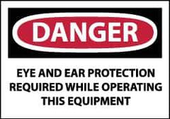 NMC - Accident Prevention Label, Header: DANGER - Legend: Danger - Eye and Ear Protection Required While Operating This Equipment, English, Red, Black & White, 5" Long x 3" High, Sign Muscle Finish - Apex Tool & Supply