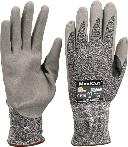 ATG - Size L (9), ANSI Cut Lvl A2, Abrasion Lvl 4, Nitrile Coated Cut Resistant Gloves - Palm & Fingers Coated, Nylon with Glass/Polyester/Lycra Lining, Knit Wrist, Gray/Green, Paired - Apex Tool & Supply