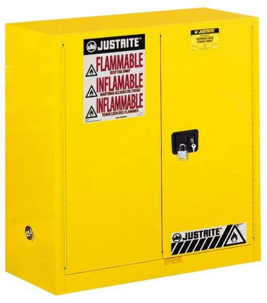 Justrite - 2 Door, 1 Shelf, Yellow Steel Standard Safety Cabinet for Flammable and Combustible Liquids - 44" High x 43" Wide x 18" Deep, Manual Closing Door, 3 Point Key Lock, 30 Gal Capacity - Apex Tool & Supply
