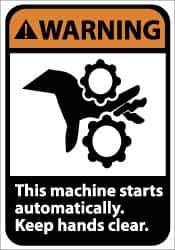 NMC - Accident Prevention Label, Header: WARNING - Legend: Warning - This Machine Starts Automatically - Keep Hands Clear, English, Black & Orange, 5" Long x 3" High, Sign Muscle Finish - Apex Tool & Supply