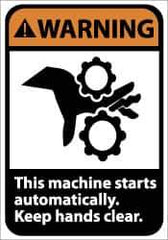 NMC - Accident Prevention Label, Header: WARNING - Legend: Warning - This Machine Starts Automatically - Keep Hands Clear, English, Black & Orange, 5" Long x 3" High, Sign Muscle Finish - Apex Tool & Supply