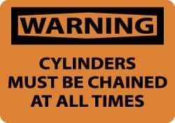 NMC - Accident Prevention Label, Header: WARNING - Legend: Warning - Cylinders Must Be Chained at All Times, English, Black & Orange, 5" Long x 3" High, Sign Muscle Finish - Apex Tool & Supply
