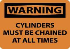 NMC - Accident Prevention Label, Header: WARNING - Legend: Warning - Cylinders Must Be Chained at All Times, English, Black & Orange, 5" Long x 3" High, Sign Muscle Finish - Apex Tool & Supply