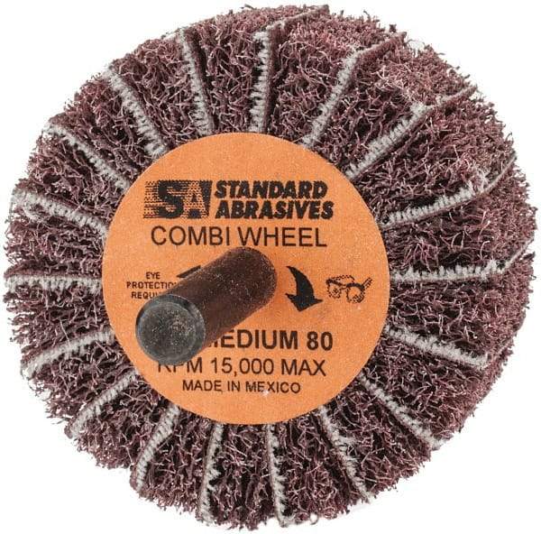 Standard Abrasives - 2" Diam x 1" Face Width, Medium Aluminum Oxide Coated Mounted Flap Wheel - 1/4" Shank Mount, 80 Grit, 15,000 Max RPM - Apex Tool & Supply