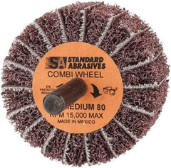 Standard Abrasives - 2" Diam x 1" Face Width, Medium Aluminum Oxide Coated Mounted Flap Wheel - 1/4" Shank Mount, 80 Grit, 15,000 Max RPM - Apex Tool & Supply