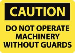 NMC - Accident Prevention Label, Header: CAUTION - Legend: Caution - Do Not Operate Machinery without Guards, English, Black & Yellow, 5" Long x 3" High, Sign Muscle Finish - Apex Tool & Supply