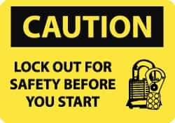 NMC - Accident Prevention Label, Header: CAUTION - Legend: Caution - Lock Out for Safety Before You Start, English, Black & Yellow, 5" Long x 3" High, Sign Muscle Finish - Apex Tool & Supply