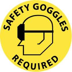 NMC - Safety Goggles Required, Anti-Skid Pressure-Sensitive Vinyl Floor Sign - Round, Black on Yellow, Adhesive Backed, For Accident Prevention - Apex Tool & Supply