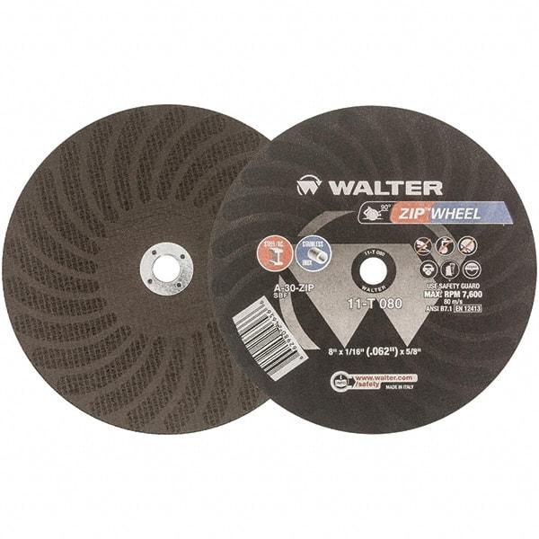 WALTER Surface Technologies - 8" 30 Grit Aluminum Oxide Cutoff Wheel - 1/16" Thick, 5/8" Arbor, 7,600 Max RPM, Use with Circular Saws - Apex Tool & Supply