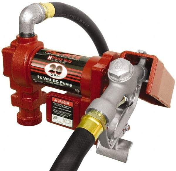 Tuthill - 20 GPM, 1" Hose Diam, DC High Flow Tank Pump with Manual Nozzle - 1" Inlet, 1" Outlet, 12 Volts, 12' Hose Length, 1/4 hp - Apex Tool & Supply